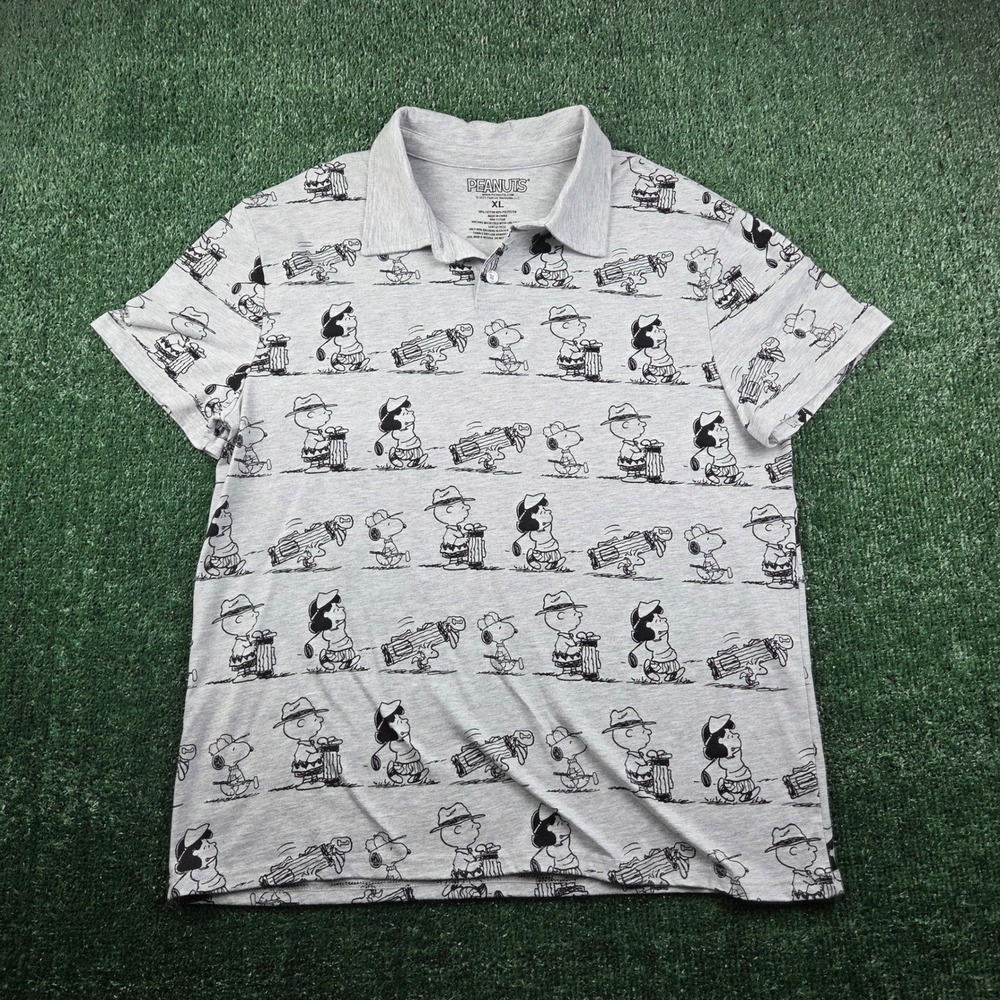 Peanuts Mens Golf Polo Shirt XL Gray Charlie Brown Snoopy Lucy All Over Print - Picture 2 of 7